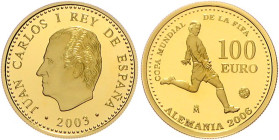 Spanien. 
Juan Carlos I. 1975-2014. 100 Euro 2003, GOLD (6,75 g 999 fein), Fußball-WM 2006 in Deutschland. Schön&nbsp;365, KM&nbsp;1077, Fb.&nbsp;403...