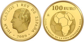 Spanien. 
Juan Carlos I. 1975-2014. 100 Euro 2009, GOLD (6,75 g 999 fein), Fußball-WM 2010 in Südafrika. Schön&nbsp;452, KM&nbsp;1215. Aufl. max. 6.0...