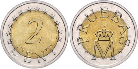 Spanien. 
Juan Carlos I. 1975-2014. PROBE der Kgl. Münze Madrid o.J., Wert "2 CENT" u. 12 Sterne/Signet der Mzst. Madrid (bekröntes "M") u. "PRUEBAS"...