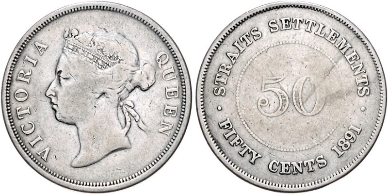 Straits Settlements. 
Britische Kronkolonie. Victoria 1837-1901. 50 Cents 1891,...