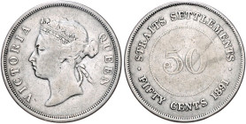 Straits Settlements. 
Britische Kronkolonie. Victoria 1837-1901. 50 Cents 1891, Silber. KM&nbsp;13, Schön&nbsp;16. 


f. ss