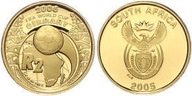 Südafrika. 
Rep. Südafrika seit 1961. 2 Rand 2005, GOLD (7,78 g 999 f.), Fußball-WM 2006 in Deutschland. Schön&nbsp;396, KM&nbsp;390, Fb.&nbsp;32. me...