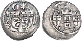 Ungarn. 
Andreas II. 1205-1235. Denar, 0,69 g, zwei einander zugewandte Köpfe, darüber Halbmond u. Stern/Turm zwischen zwei aufgehängten Schilden mit...