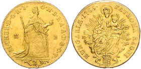 Ungarn. 
Maria Theresia 1740-1780. 2 Dukaten 1765 K-B/K-D (Kremnitz), GOLD, 6,90 g. Huszár&nbsp;1649, Eypeltauer&nbsp;250a, Fb.&nbsp;179. 


Brosc...