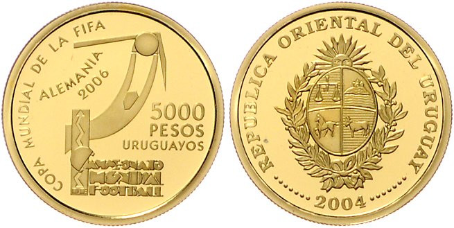 Uruguay. 
5000 Pesos 2004, GOLD (6,75 g 999 f.), Fußball-WM 2006 in Deutschland...