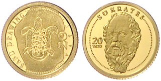 Vanuatu. 
20 Vatu 2008 u. 2011, GOLD (je 0,5 g 999 f.), Sokrates u. Sand Drawin...