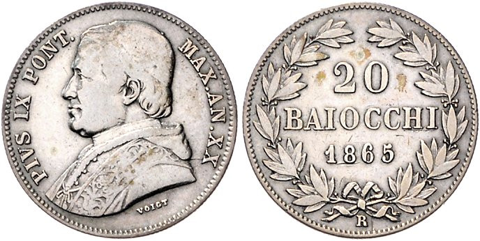 Vatikan. 
Pius IX. 1846-1878. 20 Baiocchi 1865-XX R und 1 Lira 1867-XXI R, beid...