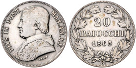 Vatikan. 
Pius IX. 1846-1878. 20 Baiocchi 1865-XX R und 1 Lira 1867-XXI R, beide Silber. KM&nbsp;1360a&nbsp;u.&nbsp;1378, Schön&nbsp;71&nbsp;u.&nbsp;...