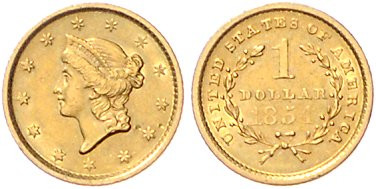 Vereinigte Staaten von Amerika. 
1 Dollar 1854, GOLD, Liberty Head, 1,66 g. KM&...