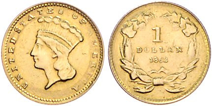 Vereinigte Staaten von Amerika. 
1 Dollar 1862, GOLD, Indian Head, 1,62 g. KM&n...