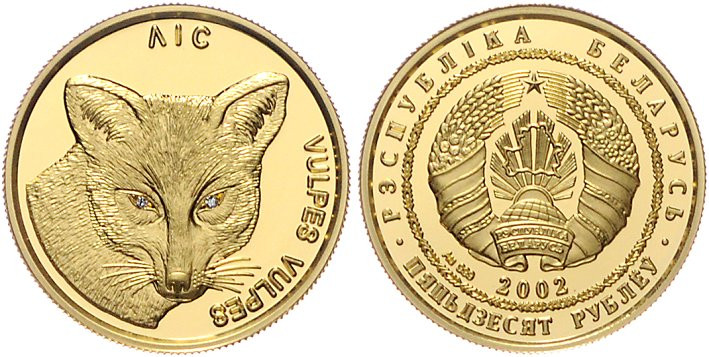 Weißrussland. 
50 Rubel 2002, GOLD (7,78 g 999 fein), Rotfuchs, die Augen mit B...