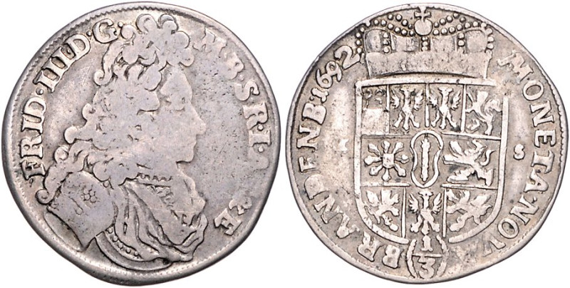 Brandenburg/-Preußen. 
Friedrich III. 1688-1701. 1/3 Taler 1692 LCS (Berlin), d...