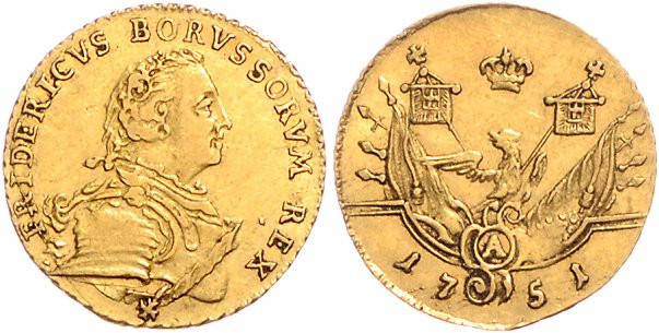 Brandenburg/-Preußen. 
Friedrich II. 1740-1786. 1/2 Friedrichs d'or 1751 A, GOL...