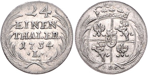 Brandenburg/-Preußen. 
Friedrich II. 1740-1786. 1/24 Taler 1754 E.D.C. und L, K...