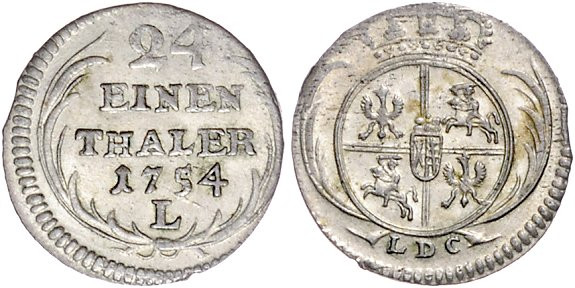 Brandenburg/-Preußen. 
Friedrich II. 1740-1786. 1/24 Taler 1754 LDC und L, Krie...