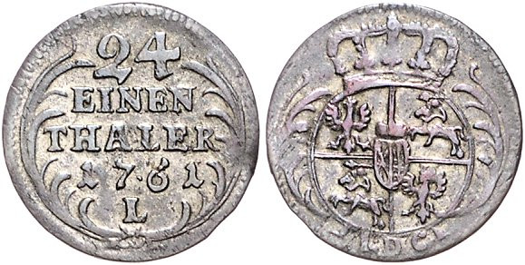 Brandenburg/-Preußen. 
Friedrich II. 1740-1786. 1/24 Taler 1761 LDC und L, Krie...