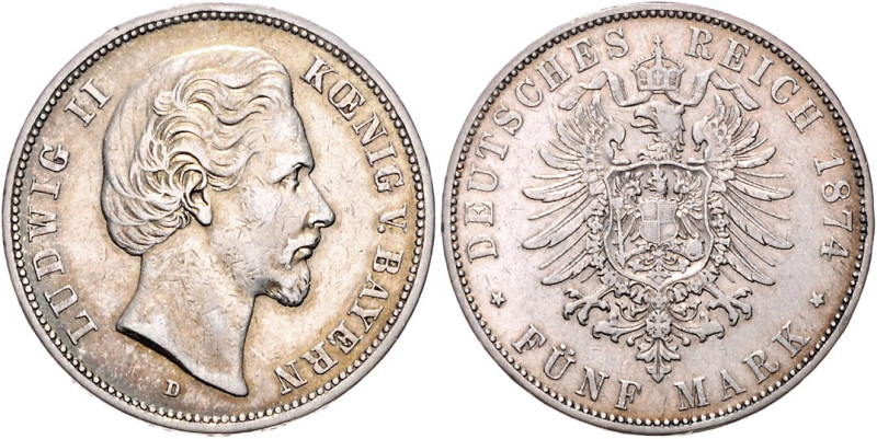 Bayern. 
Ludwig II. 1864-1886. 5 Mark 1874. Jaeger&nbsp;42. 


winz. Rf., ss