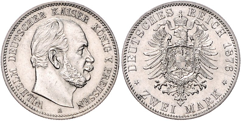 Preußen. 
Wilhelm I. 1861-1888. 2 Mark 1876 A. Jaeger&nbsp;96. 


winziger R...