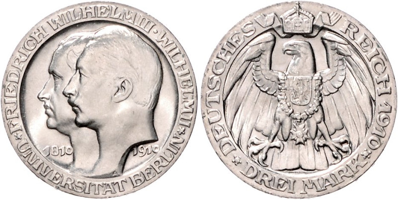 Preußen. 
Wilhelm II. 1888-1918. 3 Mark 1910, Universität Berlin. Jaeger&nbsp;1...