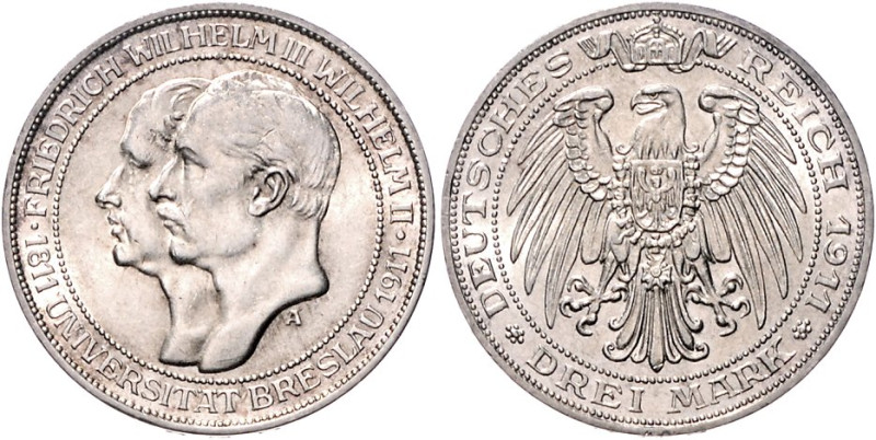 Preußen. 
Wilhelm II. 1888-1918. 3 Mark 1911, Universität Breslau. Jaeger&nbsp;...