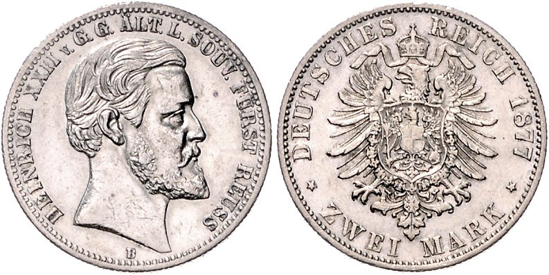 Reuss älterer Linie. 
Heinrich XXII. 1859-1902. 2 Mark 1877. Jaeger&nbsp;116. ...