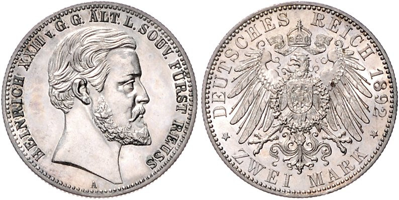 Reuss älterer Linie. 
Heinrich XXII. 1859-1902. 2 Mark 1892. Jaeger&nbsp;117. ...