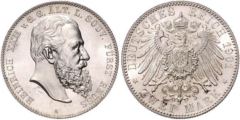 Reuss älterer Linie. 
Heinrich XXII. 1859-1902. 2 Mark 1901. Jaeger&nbsp;118. ...