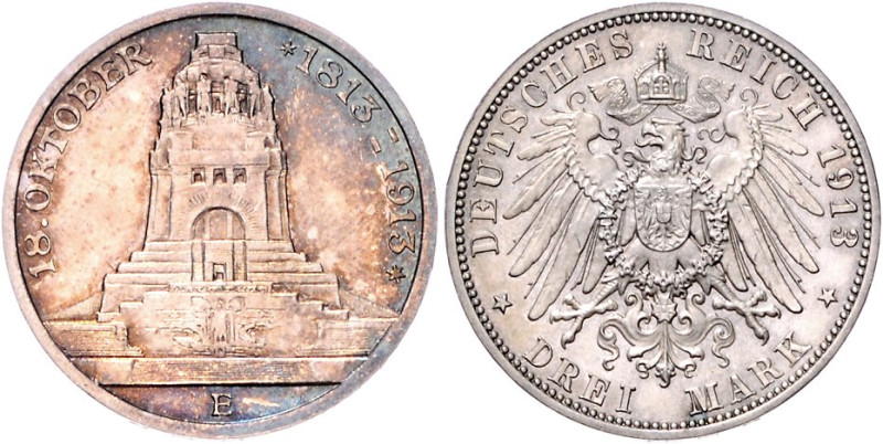 Sachsen. 
Friedrich August III. 1904-1918. 3 Mark 1913, Völkerschlachtdenkmal. ...