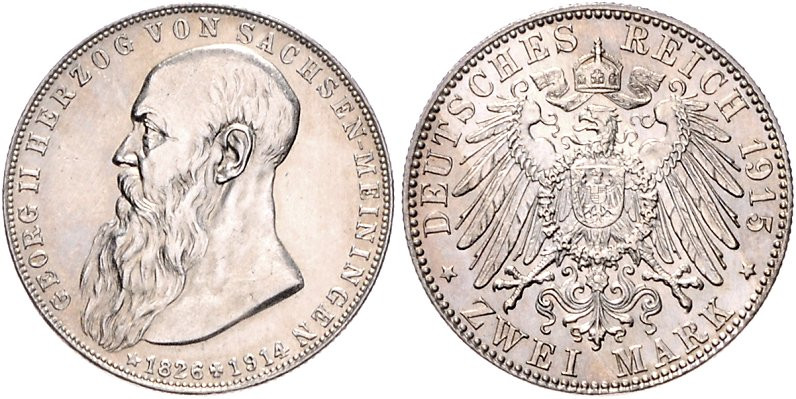 Sachsen/-Meiningen. 
Georg II. 1866-1914. 2 Mark 1915, auf seinen Tod. Jaeger&n...