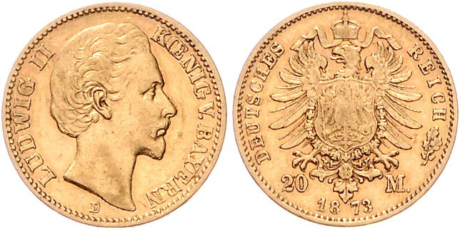 Bayern. 
Ludwig II. 1864-1886. 20 Mark 1873. Jaeger&nbsp;194. 


ss