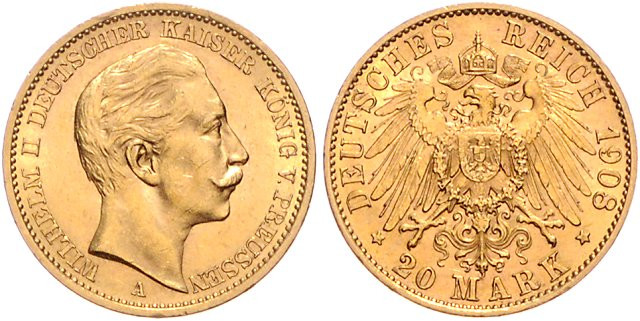 Preussen. 
Wilhelm II. 1888-1918. 20 Mark 1908 A. Jaeger&nbsp;252. 


winzig...