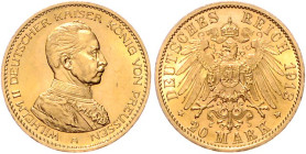Preussen. 
Wilhelm II. 1888-1918. 20 Mark 1913 A, Kürassieruniform. Jaeger&nbsp;253. 


winz. Randunebenheiten, vz-stfr