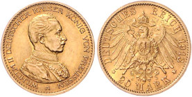 Preussen. 
Wilhelm II. 1888-1918. 20 Mark 1913 A, Kürassieruniform. Jaeger&nbsp;253. Los wie vor. 


winzigste Rf., vz