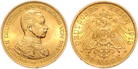 Preussen. 
Wilhelm II. 1888-1918. 20 Mark 1913 A, Kürassieruniform. Jaeger&nbsp;253. Los wie vor. 


winz. Rf., f. vz-vz
