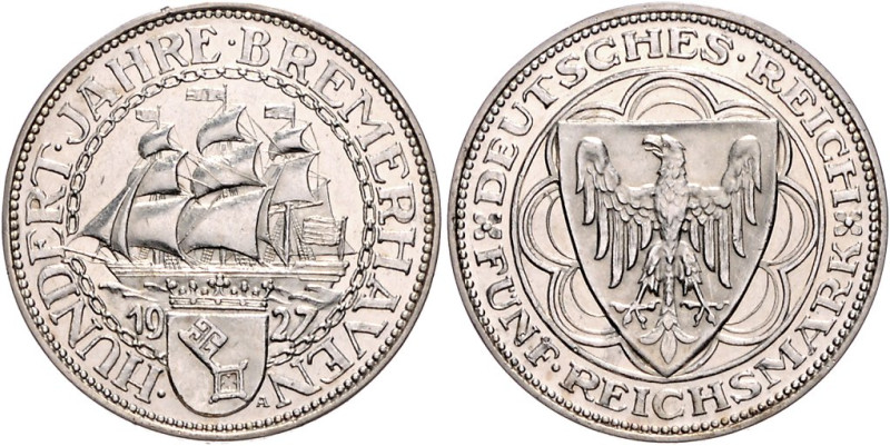 5 RM 1927, Bremerhaven. Jaeger&nbsp;326. 


überarbeitete Hksp, PP = fast vz