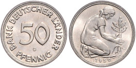 DM-Kursmünzen. 
50 Pfennig 1950 G, Bank Deutscher Länder. Jaeger&nbsp;379. RR.. 


vz-stempelfrisch