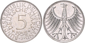 DM-Kursmünzen. 
5 DM 1958 J, Kursmünze. Jaeger&nbsp;387. RR.. 


kl. Rf., ss