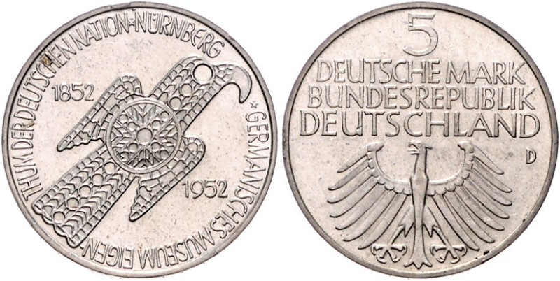 DM-Gedenkmünzen. 
5 DM 1952 D, Germanisches Museum. Jaeger&nbsp;388. Los wie vo...
