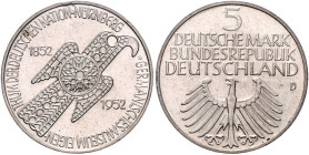 DM-Gedenkmünzen. 
5 DM 1952 D, Germanisches Museum. Jaeger&nbsp;388. Los wie vor. 


winz. Rf., fast vz-vz