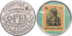 Orte. 
Frankfurt a. M. Briefmarkenkapselgeld o.J., Opel Automobile u. Fahrräder, Zinkhülle vernick., 33,6 mm, 25-Pf.-Germania-Marke auf grün. M.&nbsp...