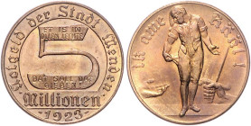 Orte. 
Menden (Westf.). 1, 2 u. 5 Millionen Mark 1923, Stadt Menden, Alu (drittes Stück: Messing vergold.). M.&nbsp;16574.12,&nbsp;15&nbsp;u.&nbsp;16...