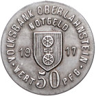 Orte. 
Oberlahnstein. 50 Pfennig o.J., Volksbank Oberlahnstein, Eisen, einseitig. M.&nbsp;19517.3. 


f. vz
