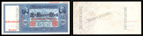 Kaiserreich. 
100 Mark v. 21.4.1910, einseitig, mit 3x Perforation "DRUCKPROBE" u. 3x Aufdruck (in rot) "Musterabdruck-Wertlos", KN A 0000000, Grab. ...