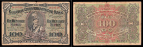 Kolonialausgaben. 
Deutsch-Ostafrika. 
100 Rupien v. 15.6.1905. Ro.&nbsp;903b, Grab.&nbsp;DOA-&nbsp;4b. 


kleiner Rf., gebr