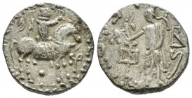 Indoescitas. Azes. Tetradracma. 52-12 a.C. Taxila. (Senior-105). Anv.: Azes montado a caballo a derecha. Rev.: Figura femenina a izquierda con Victori...