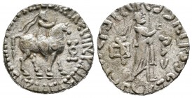 Indoescitas. Abdagases. Tetradracma. 55-65 d.C. Taxila. (Senior-228.57). Anv.: Abdagases sentado a caballo con el brazo extendido. Rev.: Zeus Nikephor...