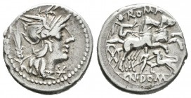 Domitia. Denario. 128 a.C. Roma. (Ffc-680). (Craw-261/1). (Cal-543). Anv.: Cabeza de Roma aderecha, delante X, detrás espiga. Rev.: Victoria con coron...