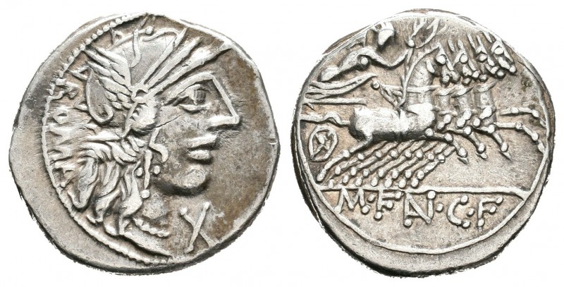 Fannia. Denario. 123 a.C. Taller Auxiliar de Roma. (Ffc-705). Anv.: Cabeza de Ro...
