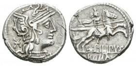 Marcia. Denario. 129 a.C. Roma. (Ffc-849). (Craw-259/1). (Cal-933). Anv.: Cabeza de Roma a derecha, detrás X. Rev.: Jinete con lanza a derecha, detrás...