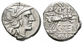 Renia. Denario. 138 a.C. Roma. (Ffc-1088). (Craw-231/1). (Cal-1230). Anv.: Cabeza de Roma a derecha, detrás X. Rev.: Juno Caprotina en biga a derecha,...